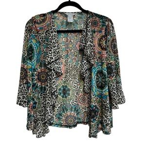 Multiples Jacket Petite Small Semi Sheer Bell Sleeves Animal Print Lagenlook